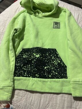 Puma Neon Green Hoodie with Black Splatter Pocket
